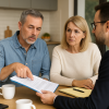 A middle-aged couple sits with a legal advisor at home, reviewing and discussing important documents over coffee, symbolizing trusted legal support during midlife.