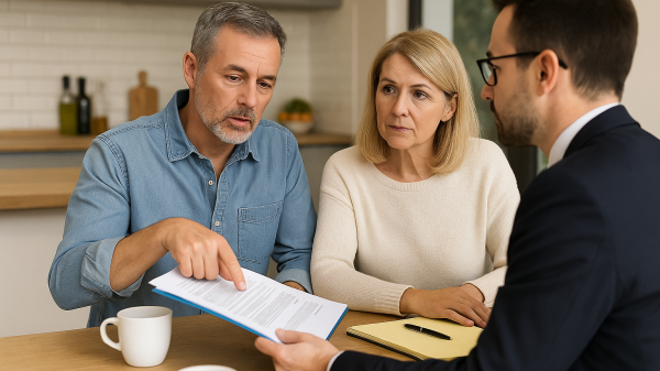 A middle-aged couple sits with a legal advisor at home, reviewing and discussing important documents over coffee, symbolizing trusted legal support during midlife.