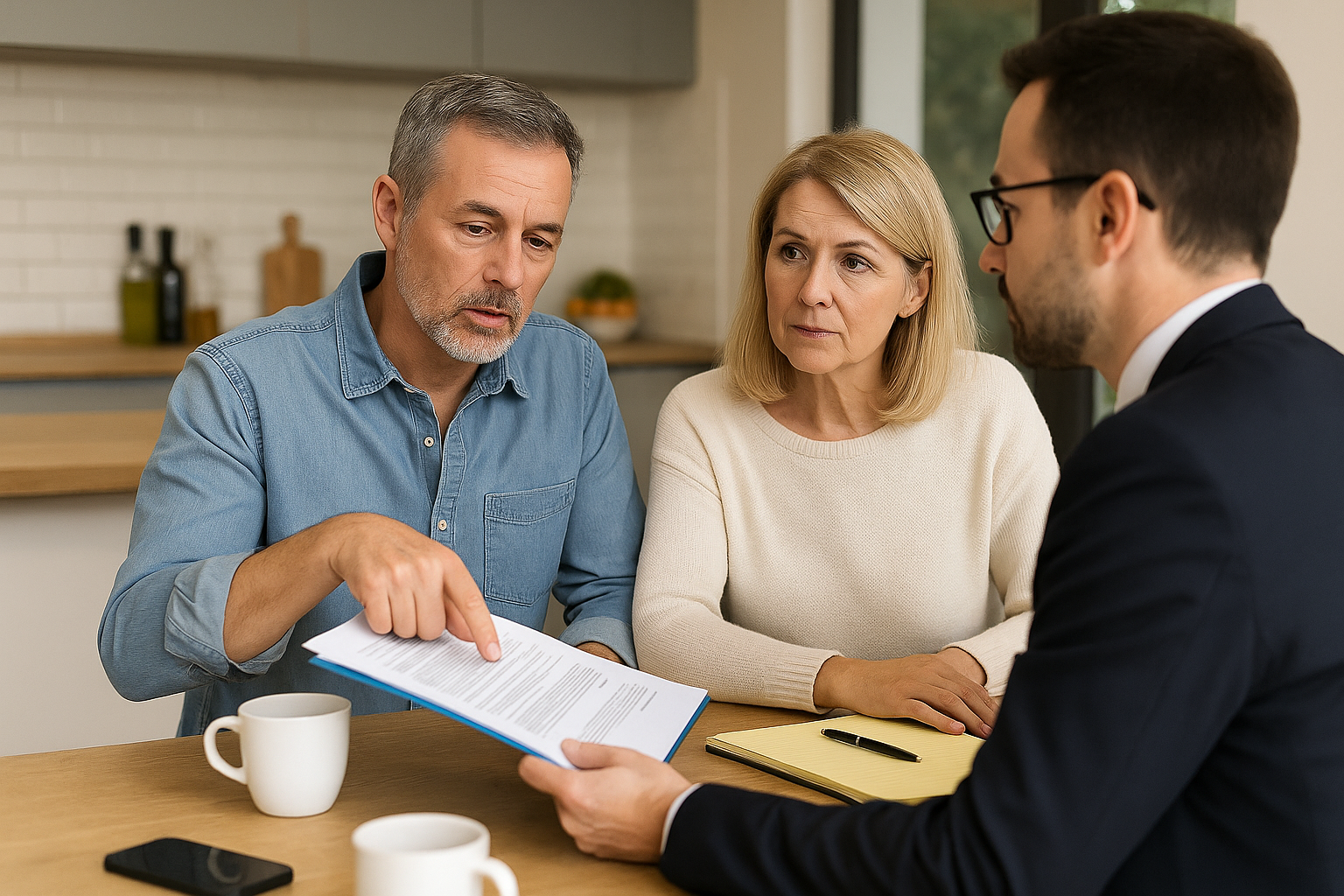 A middle-aged couple sits with a legal advisor at home, reviewing and discussing important documents over coffee, symbolizing trusted legal support during midlife.
