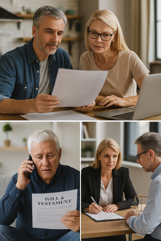 A mature couple reviews legal documents together at home, an older man discusses a will over the phone, and a woman consults with her lawyer in an office, representing midlife legal planning and peace of mind.