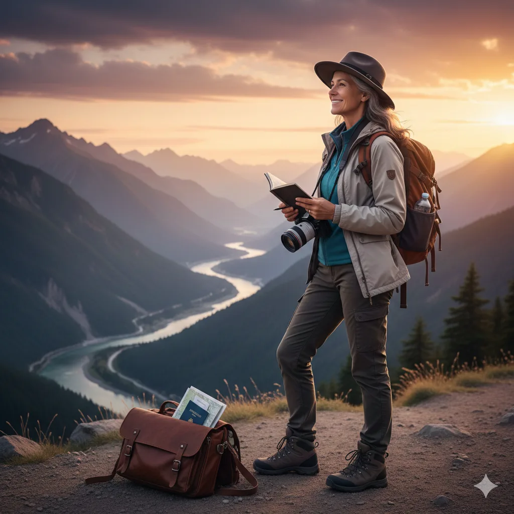 Midlife woman journaling at a mountain viewpoint during sunset, capturing moments that spark midlife travel creativity