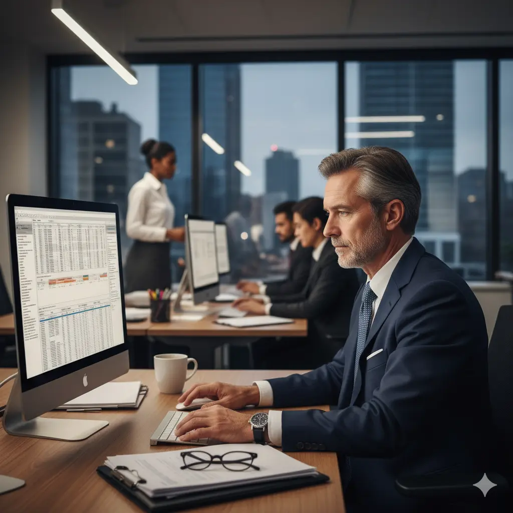 Midlife businessman working at a computer in a modern office, analyzing spreadsheets with colleagues in the background.