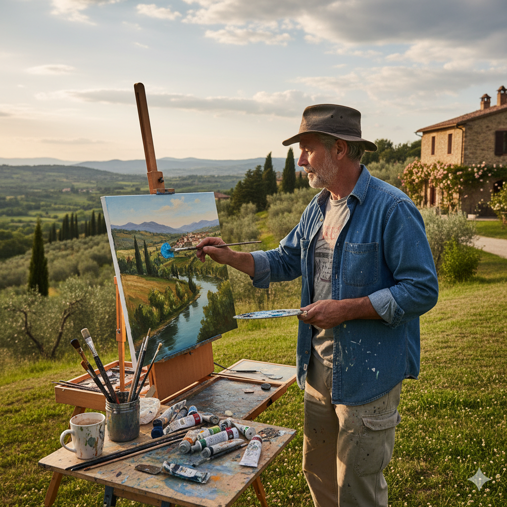 Midlife artist painting a landscape outdoors, expressing creativity after crisis and rediscovering purpose through art.