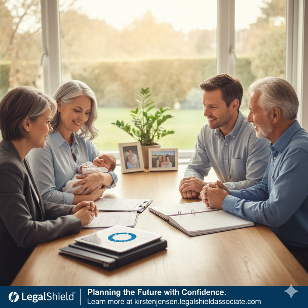 A smiling family sits at a bright table with a LegalShield advisor, discussing estate planning and holding a newborn baby — representing planning the future with confidence.