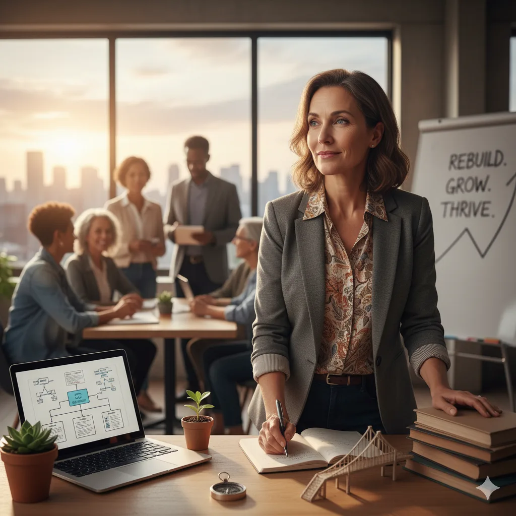 “Confident midlife woman leading a creative business meeting with a team, laptop and notes on the table, and a board behind her that reads ‘Rebuild. Grow. Thrive.’”