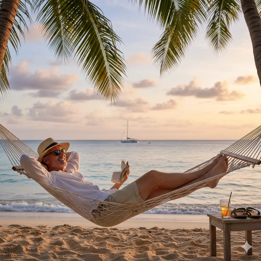 Man relaxing in a hammock on a tropical beach at sunset, embracing a calm midlife minimalism lifestyle