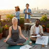 Midlife creatives practicing creative energy rituals on a rooftop, with one woman meditating and others drawing and journaling at sunset.