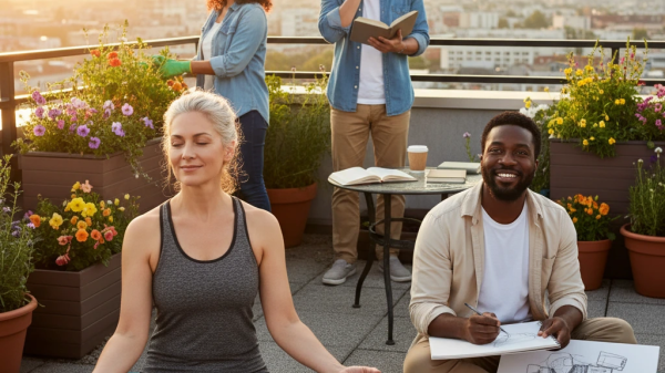 Midlife creatives practicing creative energy rituals on a rooftop, with one woman meditating and others drawing and journaling at sunset.