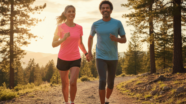 Couple enjoying weird hobbies after 40 through outdoor fitness and active lifestyle adventures.