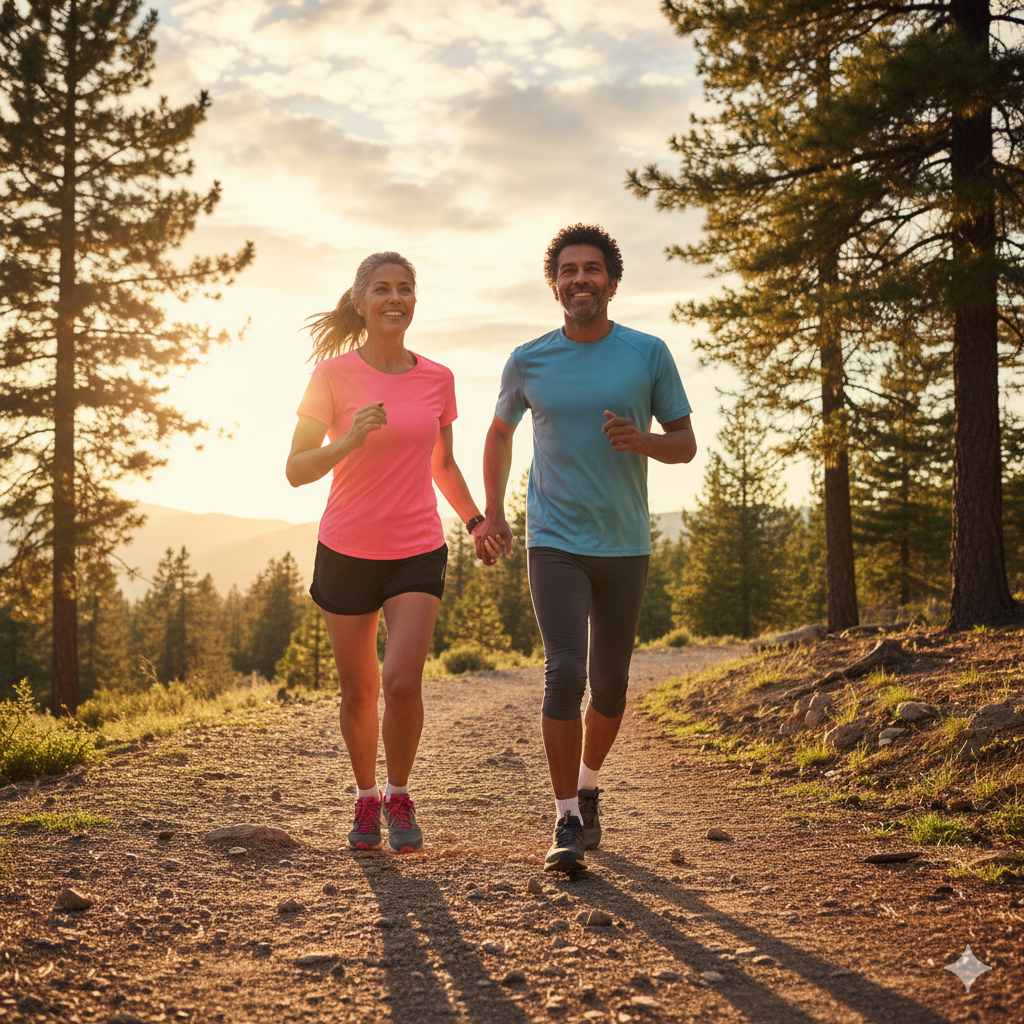 Couple enjoying weird hobbies after 40 through outdoor fitness and active lifestyle adventures.