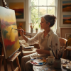 Woman painting a colorful landscape on a canvas in her art studio