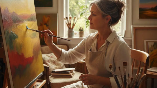 Woman painting a colorful landscape on a canvas in her art studio
