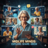 “Group of midlife adults learning and connecting through virtual screens, with a woman using a tablet at the center, surrounded by science and art visuals.”