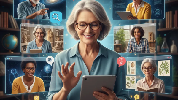 “Group of midlife adults learning and connecting through virtual screens, with a woman using a tablet at the center, surrounded by science and art visuals.”