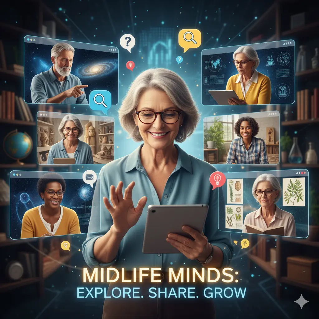 “Group of midlife adults learning and connecting through virtual screens, with a woman using a tablet at the center, surrounded by science and art visuals.”