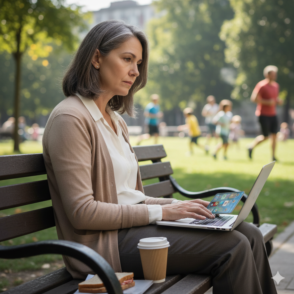 Midlife creator rebuilding focus during burnout recovery, working outdoors on her laptop while regaining confidence.