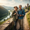 Smiling midlife couple hiking near a scenic river and castle, enjoying outdoor travel together