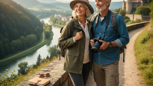 Smiling midlife couple hiking near a scenic river and castle, enjoying outdoor travel together