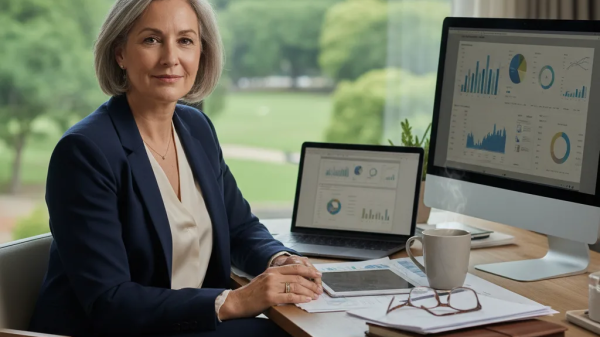 Confident professional woman working at her desk with financial charts displayed on computer screens