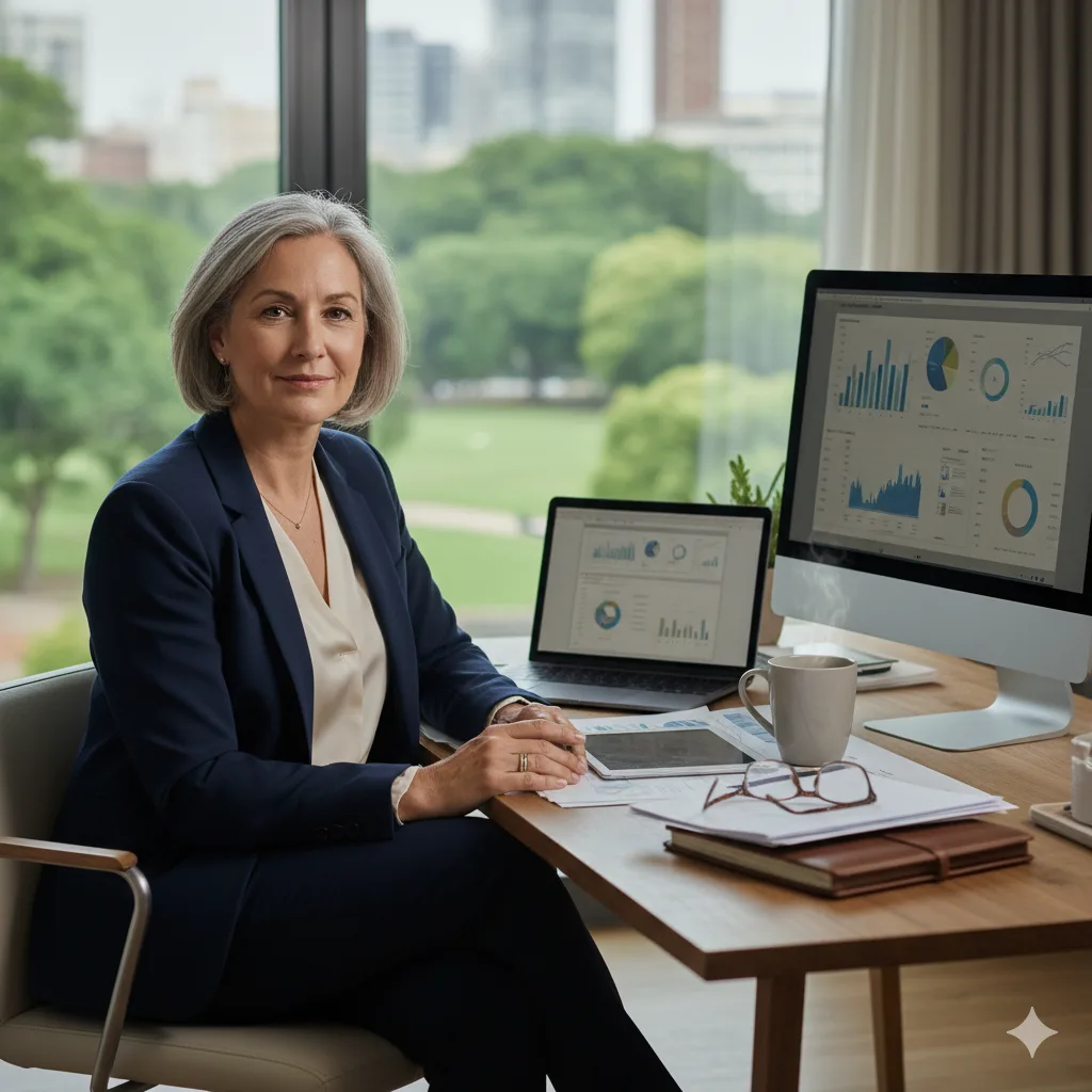 Confident professional woman working at her desk with financial charts displayed on computer screens