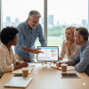 A professional leads a meeting with midlife adults discussing legal and financial plans on a laptop, representing legal clarity and empowered decision-making.