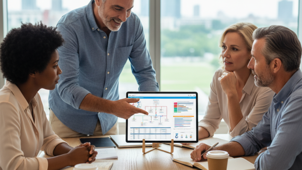 A professional leads a meeting with midlife adults discussing legal and financial plans on a laptop, representing legal clarity and empowered decision-making.
