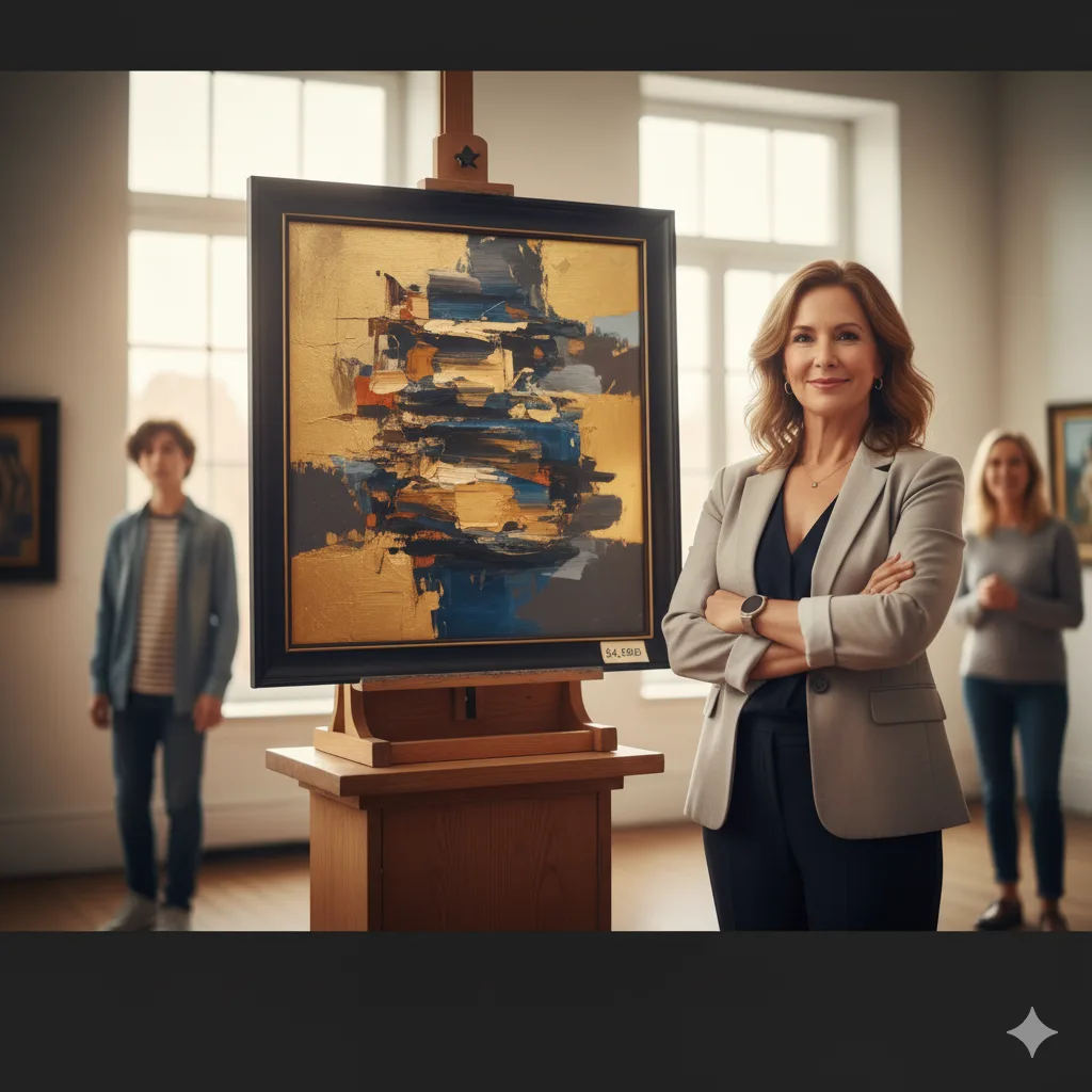 Confident midlife artist standing beside her abstract painting priced for sale in an art gallery, representing the concept of pricing your art with confidence.