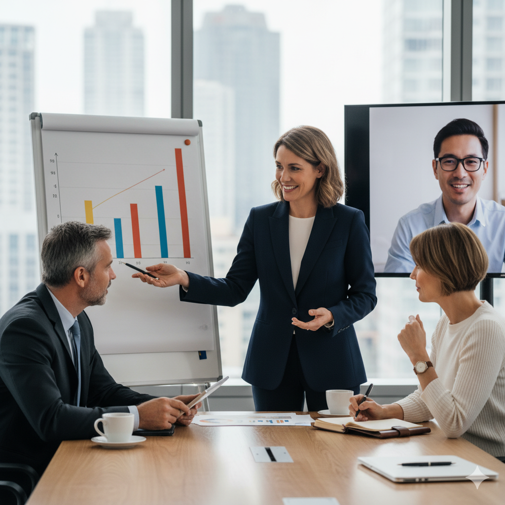 “Professional woman presenting business growth data to a team during a modern meeting, with a colleague joining remotely via video call.”