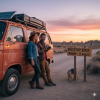 Couple on an offbeat road trip after 40 exploring a desert highway with their van and dog at sunset near Mystery Rock Farm.