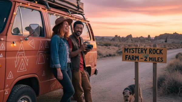 Couple on an offbeat road trip after 40 exploring a desert highway with their van and dog at sunset near Mystery Rock Farm.