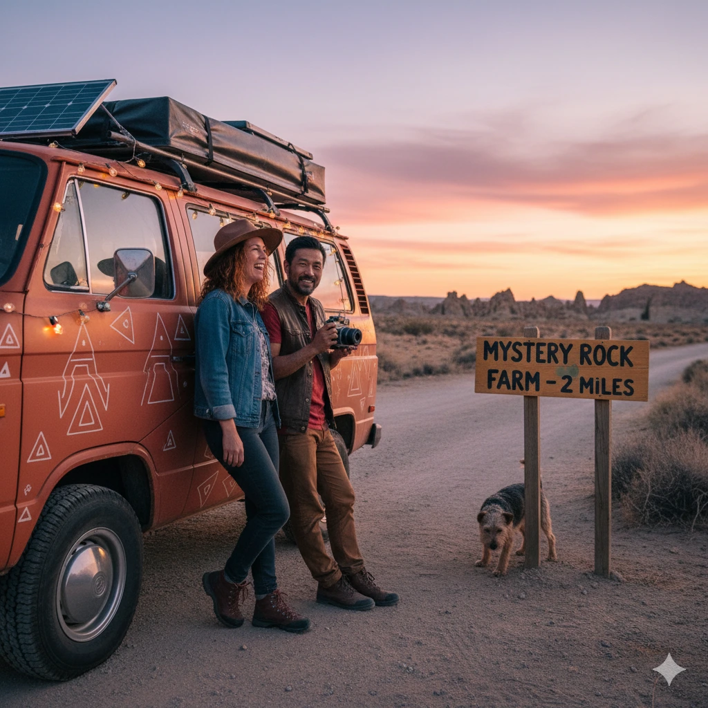 Couple on an offbeat road trip after 40 exploring a desert highway with their van and dog at sunset near Mystery Rock Farm.