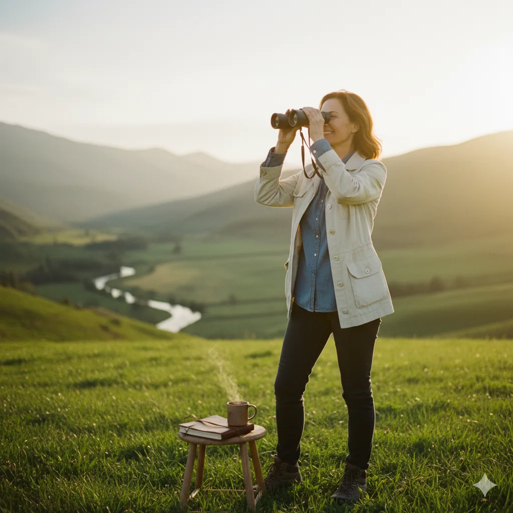 A woman in her forties using binoculars to look across a green valley at sunrise, representing exploration and chasing new dreams after 40.