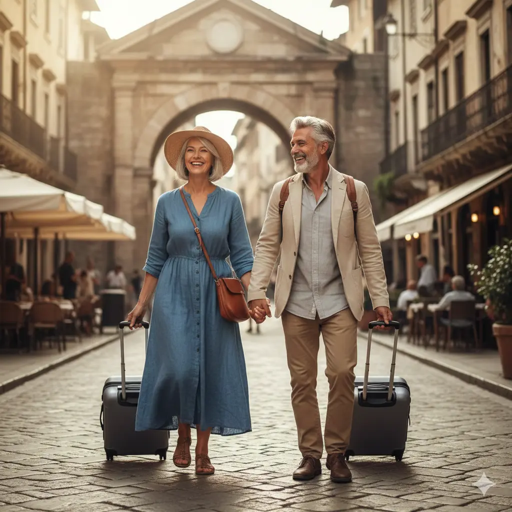 Smiling midlife couple walking with luggage through a European street during their travels