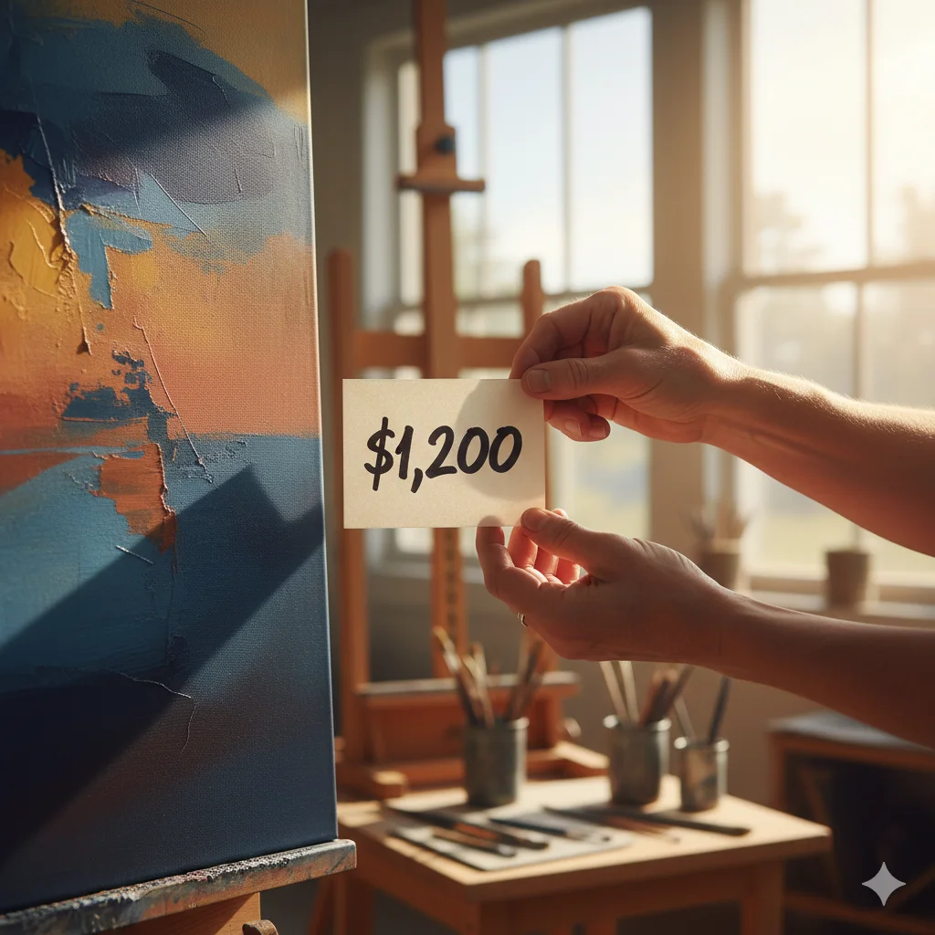Person holding a $1,200 price tag in front of a colorful painting on an easel, symbolizing pricing your art with confidence in a sunlit studio.