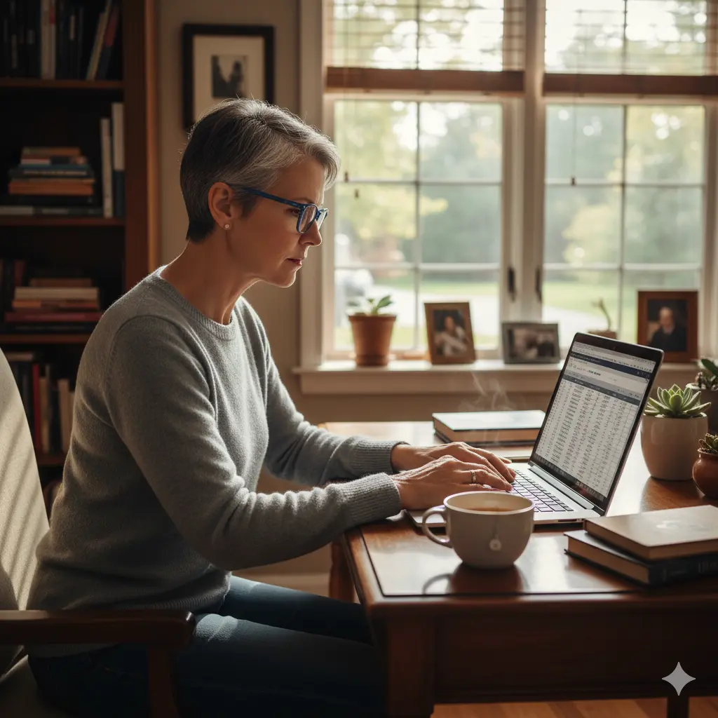 “Focused midlife woman working on a laptop at a home office desk, reviewing spreadsheets with books, coffee, and sunlight through the window.”