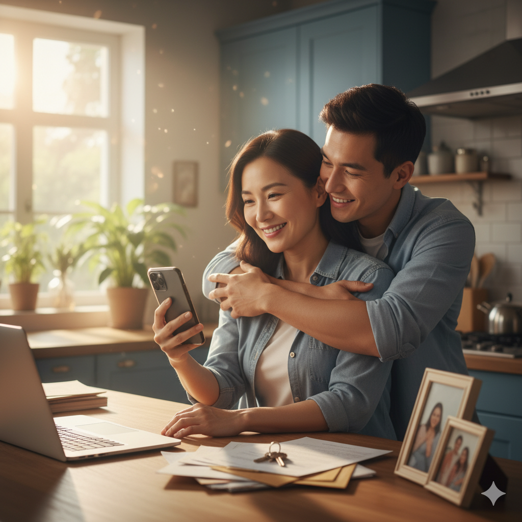 A happy couple sits together at home using their smartphone and laptop to access legal services online, symbolizing legal peace of mind and confidence in everyday life.