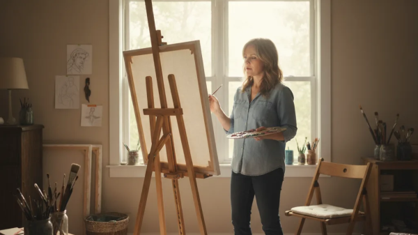 Midlife woman standing barefoot in her home studio, painting on a canvas after she quit her job to paint full-time and pursue her passion.