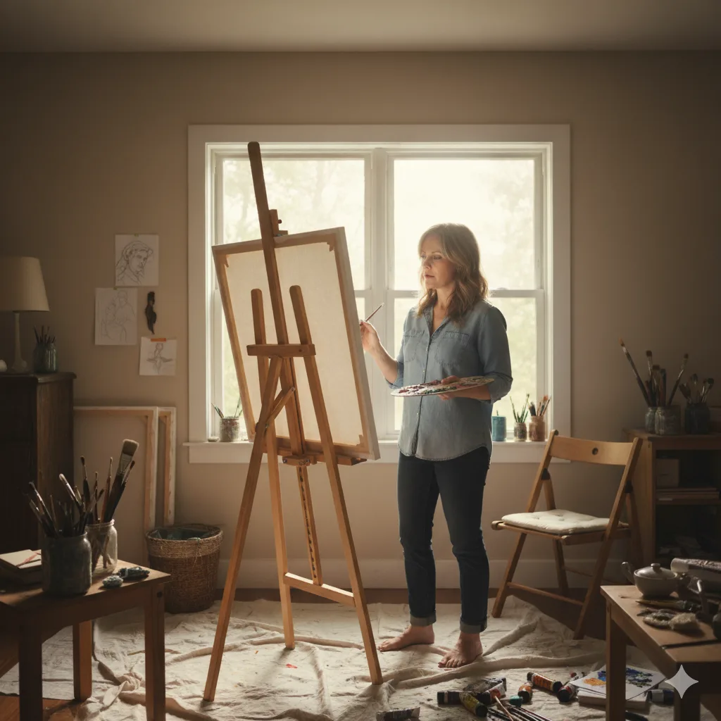 Midlife woman standing barefoot in her home studio, painting on a canvas after she quit her job to paint full-time and pursue her passion.