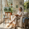 Woman reading in a bright cozy art studio with her dog nearby, enjoying a peaceful midlife minimalism lifestyle focused on creativity and calm