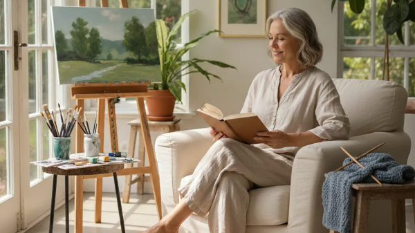 Woman reading in a bright cozy art studio with her dog nearby, enjoying a peaceful midlife minimalism lifestyle focused on creativity and calm
