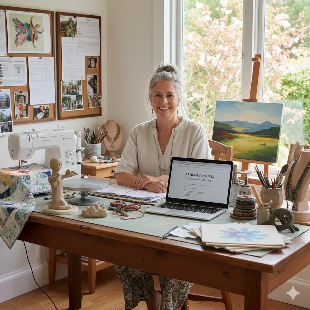 “Creative entrepreneur working in her home studio while reviewing legal guidance for her business.”