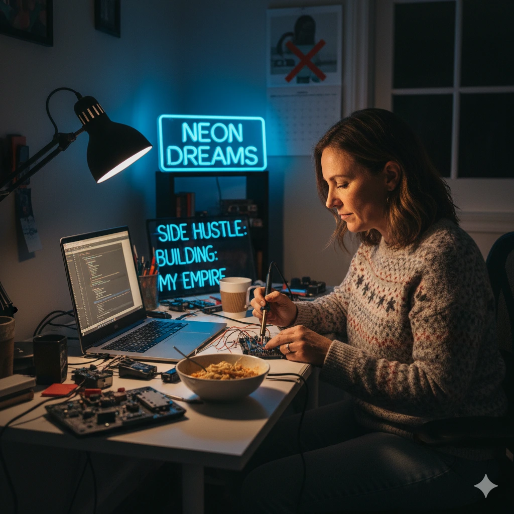 Woman working late on her side hustle project at home, soldering electronics beside a laptop and neon sign that reads “Side Hustle: Building My Empire.”