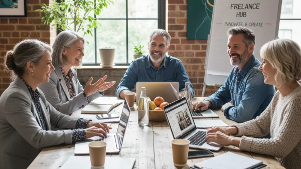 "Group of midlife creatives discussing business support tools like LegalShield for Creatives during a team meeting."