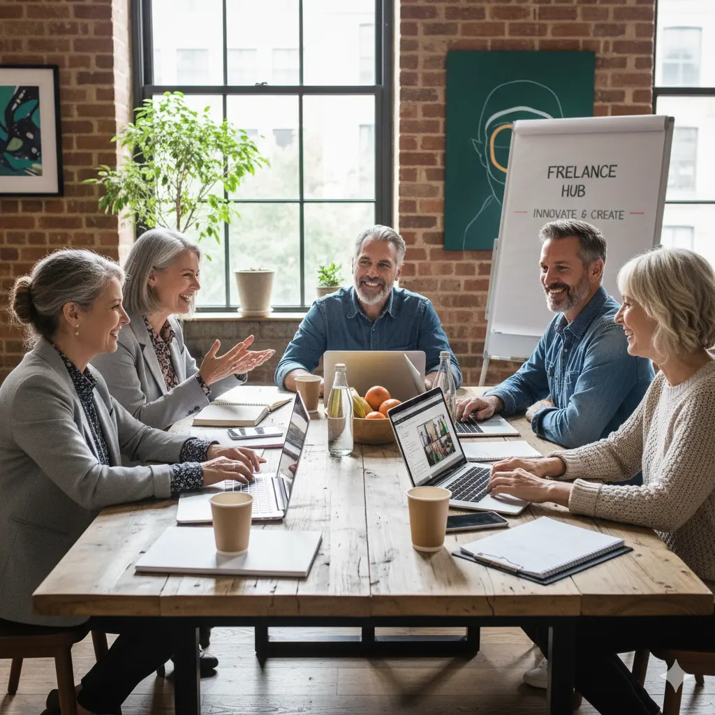 "Group of midlife creatives discussing business support tools like LegalShield for Creatives during a team meeting."