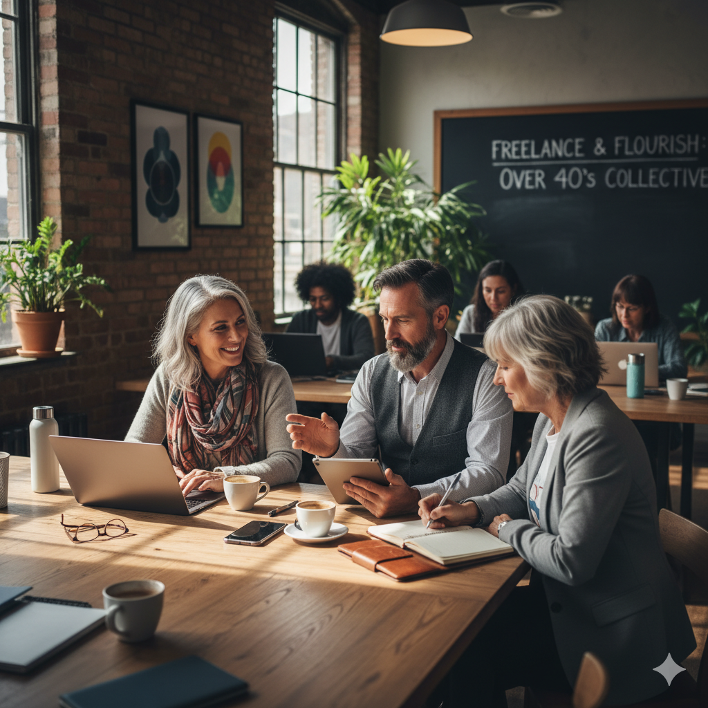 “Group of freelancers over 40 collaborating in a modern coworking space, discussing projects and sharing ideas over coffee.”
