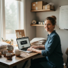 Woman running a small creative business from home, working on her laptop as part of the midlife creator movement