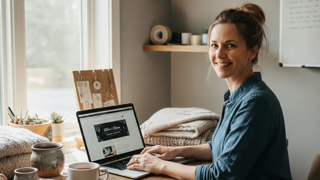 Woman running a small creative business from home, working on her laptop as part of the midlife creator movement