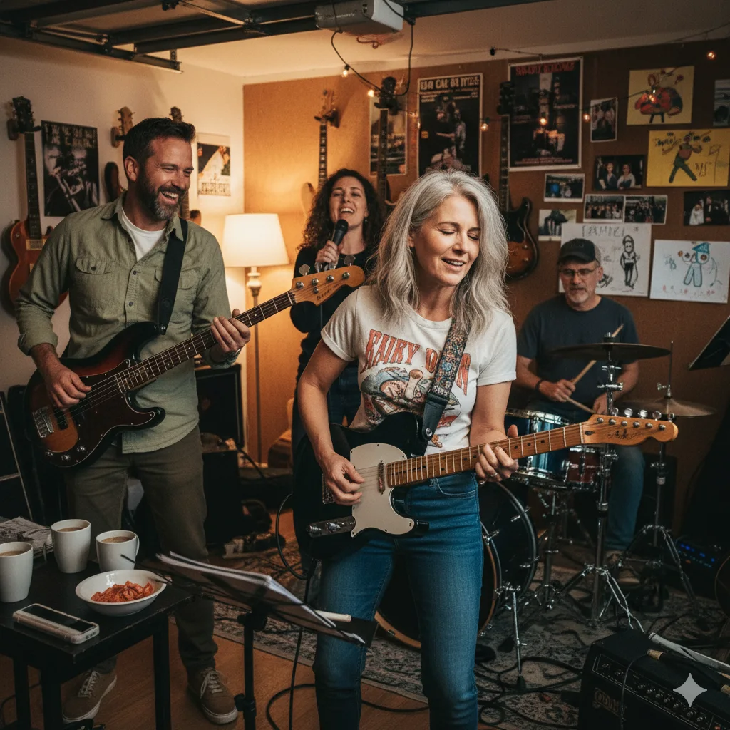 “Musicians rehearsing in a home studio, showing why creators need to protect their creative work online when sharing photos and music digitally.”