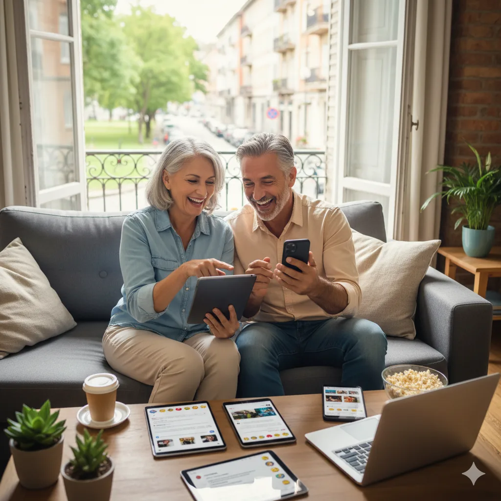Smiling middle-aged couple using a tablet and smartphone together while relaxing on the couch in a bright living room