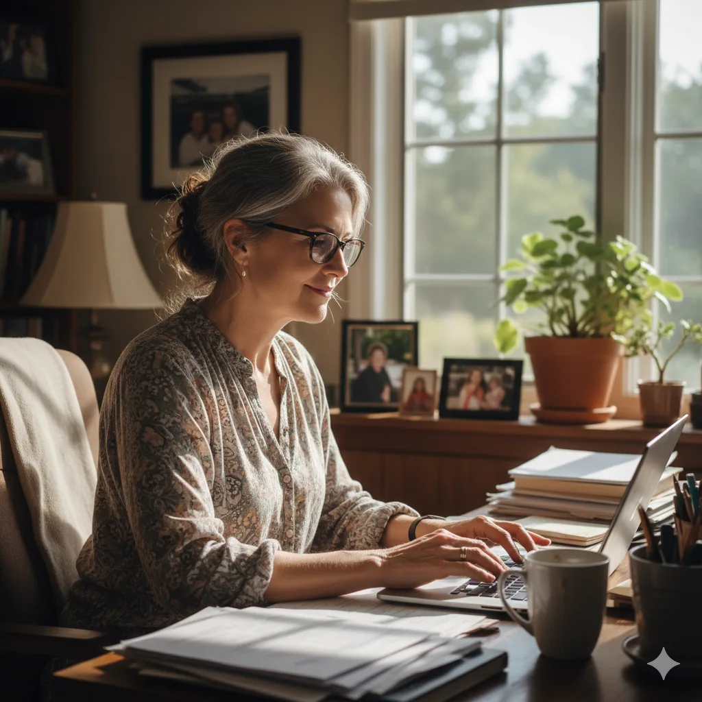 “Midlife woman working on a laptop in a cozy home office with warm natural light and family photos in the background.”